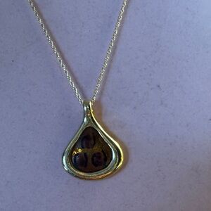Gold Tone Teardrop Pendant with Cheetah Print Accent 11” long necklace 2 pendant